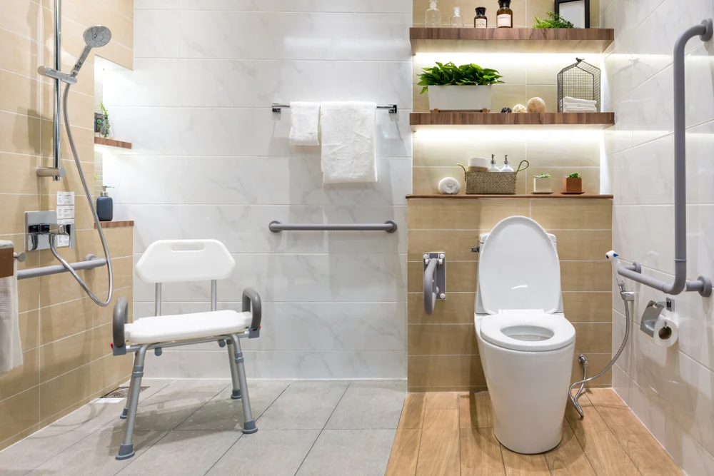 ADA accessible bathroom remodeling in Philadelphia with walk-in shower, grab bars, non-slip flooring, and senior-safe design for improved mobility and independent living.