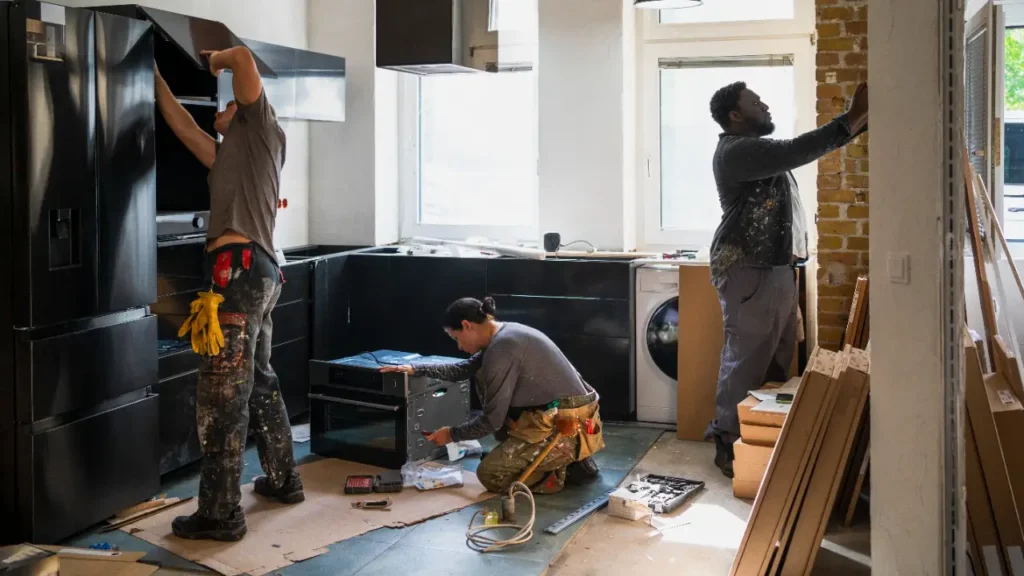 Professional home remodeling crew installing kitchen cabinets and appliances during a home renovation in Northeast Philadelphia