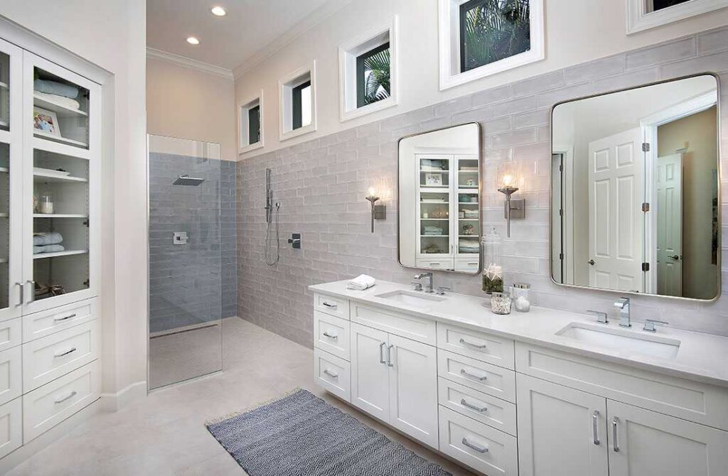 Luxury master bathroom remodeling in Philadelphia showcasing a modern walk-in shower, floating vanity, premium marble-style tiles, and upgraded lighting for a clean, spa-like design.